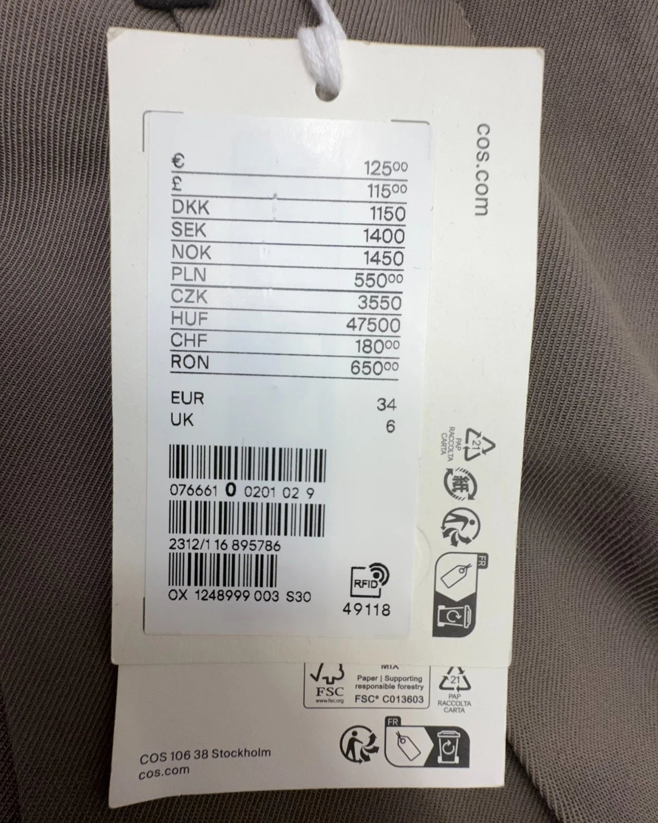 Cos Damen lockere Hose aus Twill weites Bein Gr. 34 Stoffhose Braun Bügelfalte